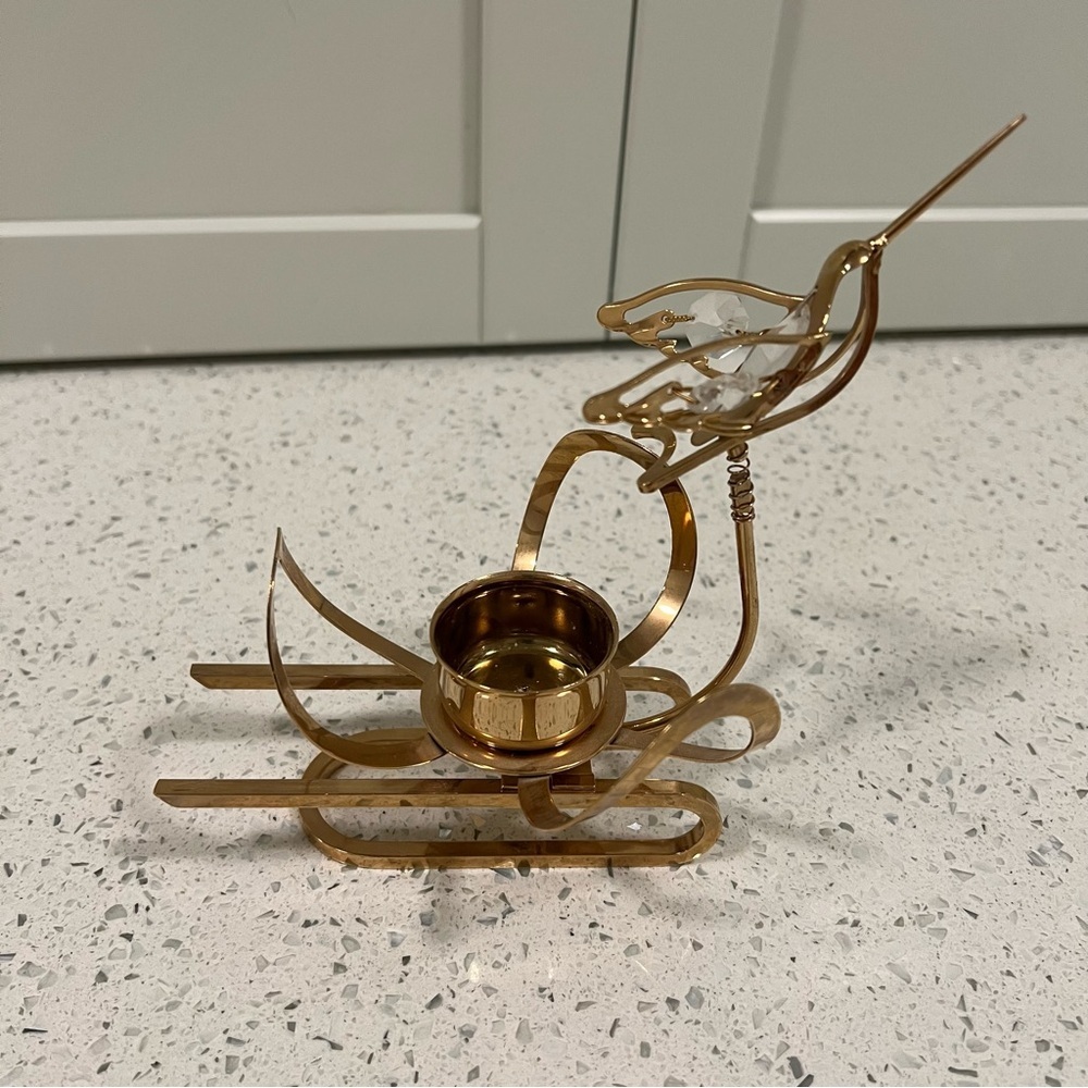 VTG 24k Gold Plated Hummingbird Flower Austrian Crystal Tea Light Candle Holder